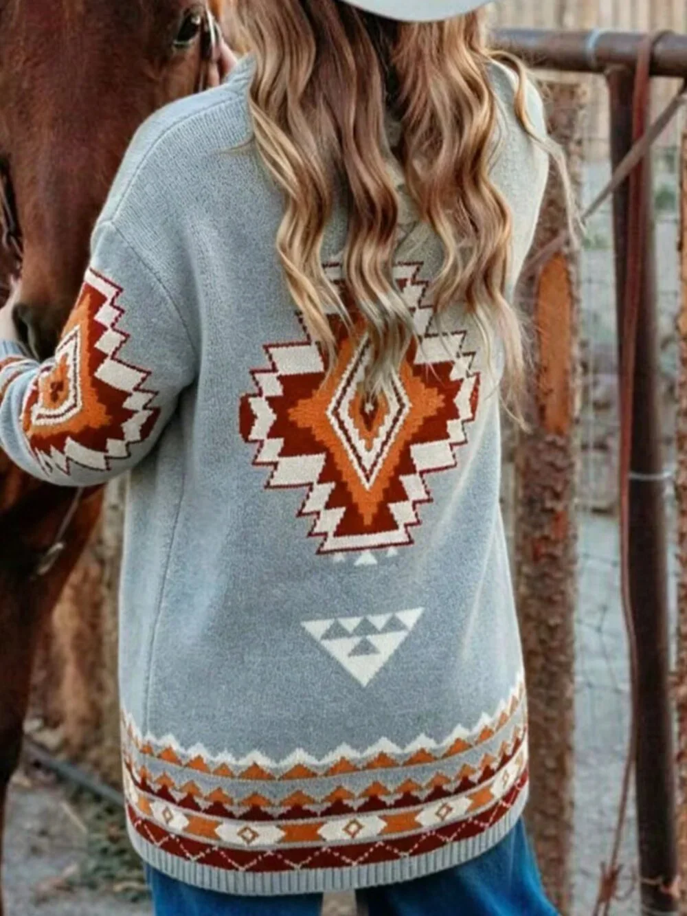 Light Grey Casual Women's Geometric Drop Shoulder Loose V-Neck Long Cardigan